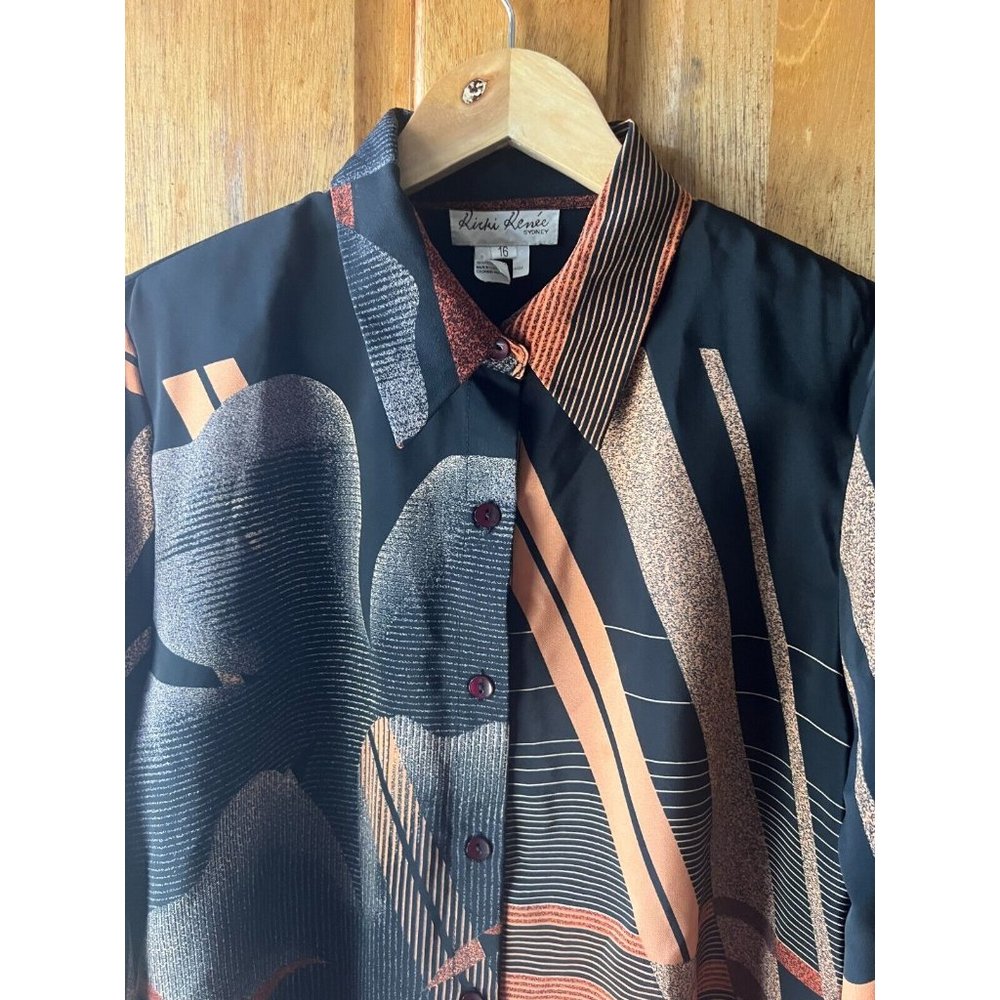 Ricki Renne Size 16 Vintage Modern Black & Rust Coloured Blouse Aus Designer - Picture 6 of 15
